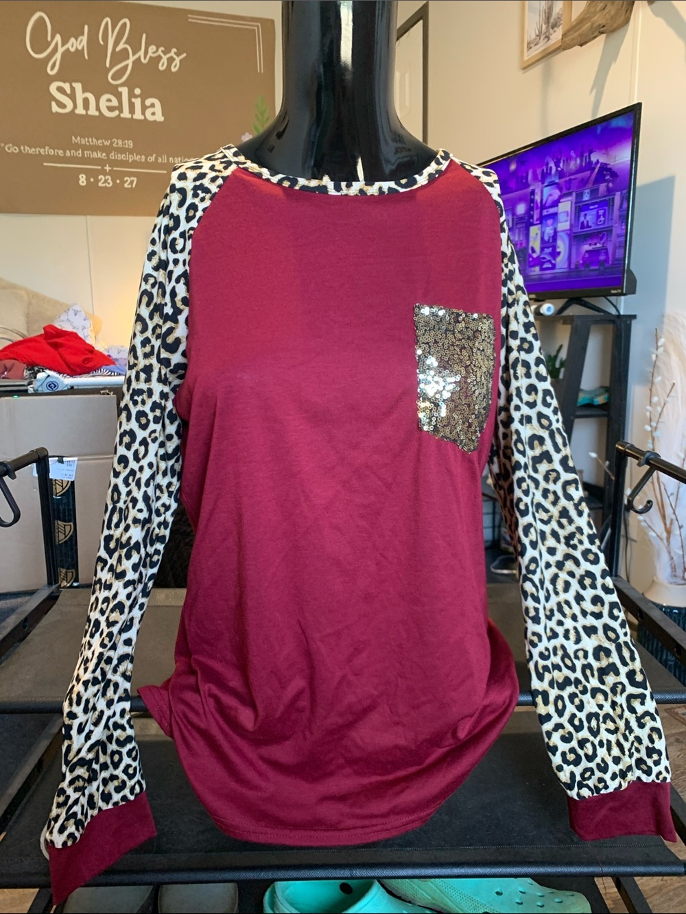 #130 Women's Burgundy Long Sleeve Tee with Leopard Sleeves & Sequin Pocket